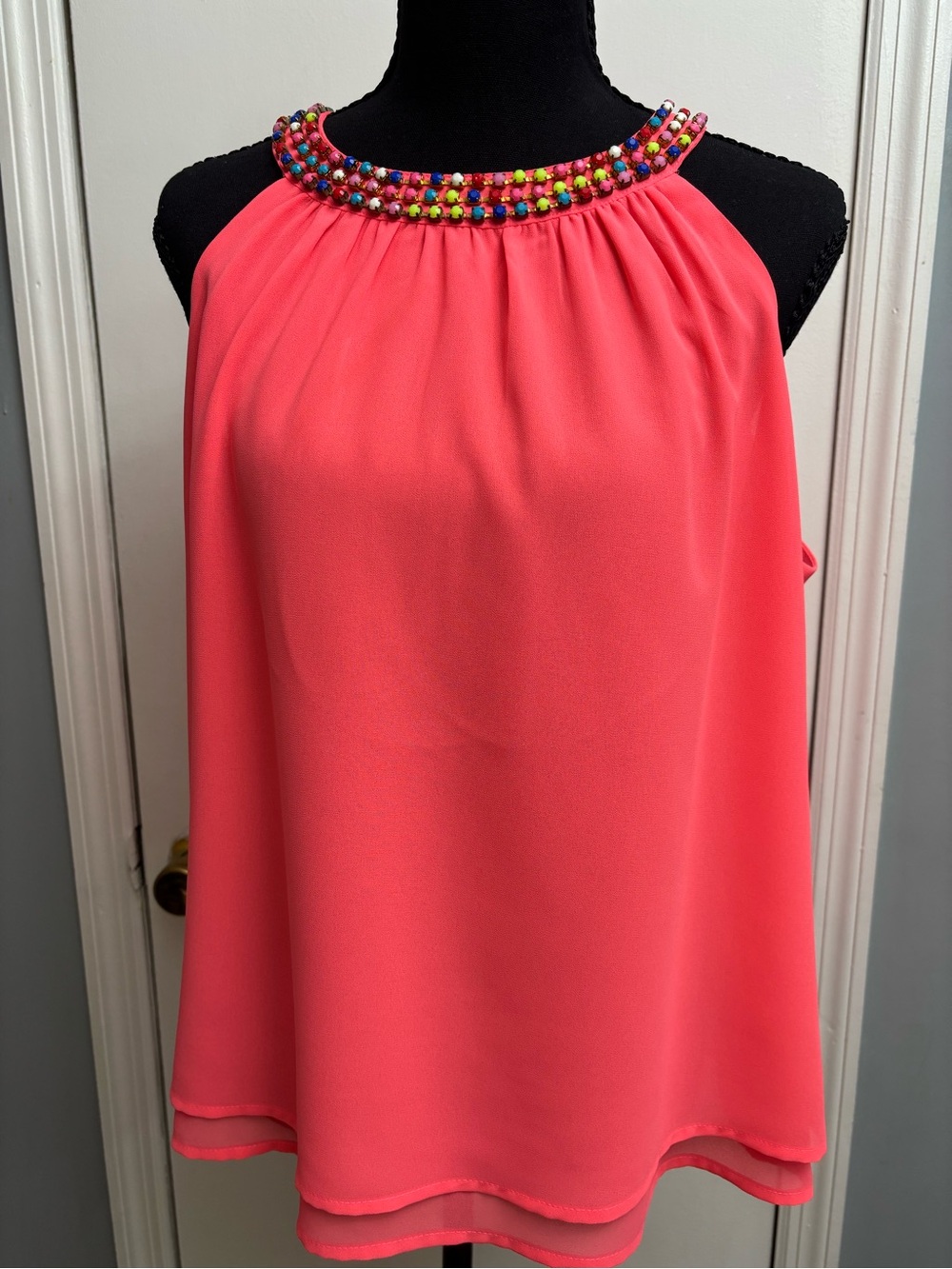 Source Unknown Coral Halter Camisole with Multicolor Beaded Neckline